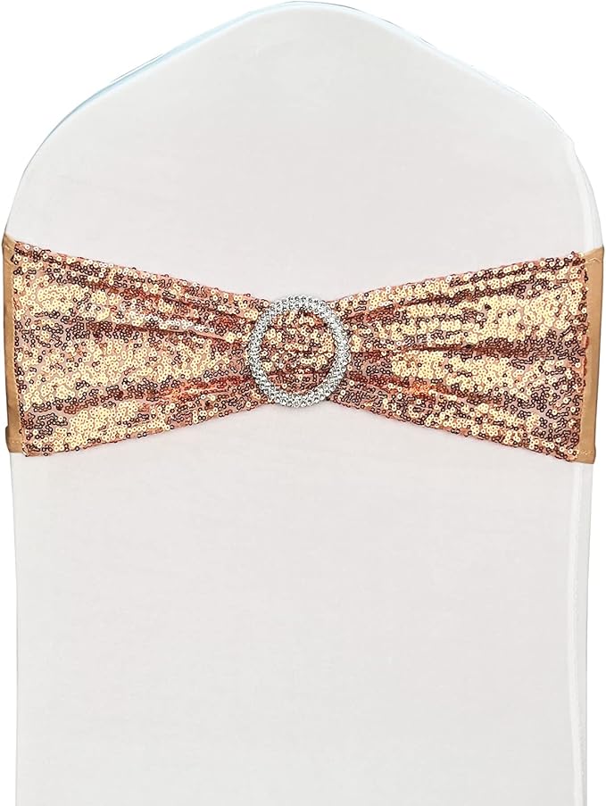 100 Pcs Chair Sashes Sequin Stretch Chair Bands Spandex Polyester Bows for Party Hotel Wedding Banquets Decoration - Rose Gold
