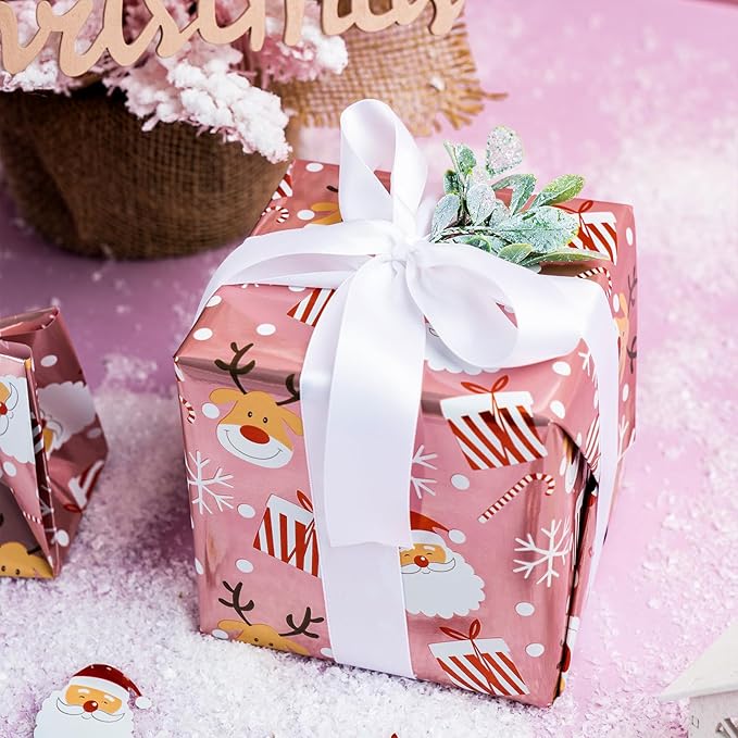 LeZakaa Christmas Pink Wrapping Paper Jumbo Roll, Santa Claus & Candy Cane, Metallic Foil, Rose Gold Foil Reversible Design for Festive Winter Holiday, Family Gathering, 30 inches x 100 Feet