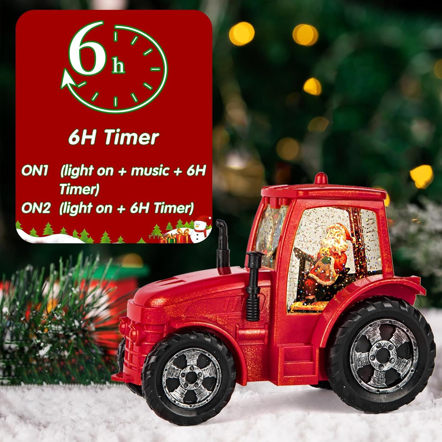 Christmas Snow Globe Lantern, Musical Lighted Red Tractor Snow Globe, 6H Timer, Battery & USB Powered Spinning and Swirling Glitter Christmas Santa Snow Globes Decorations Gifts for Old Man, Father