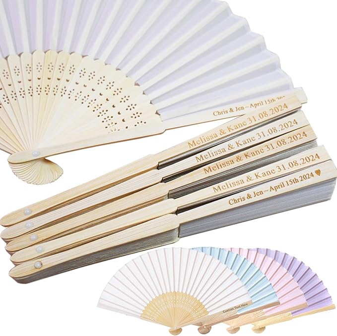 Personalized 15 Pcs White/Pink/Purple Silk-Bamboo Folding Hand Fans, Custom Engraved Wedding/Baby Shower Party Favors, Elegant & Lightweight, Foldable & Reusable