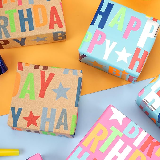 LaRibbons Birthday Wrapping Paper Jumbo 24 Inch x 417 Feet(834 sq. ft. ttl.) Half Ream Kraft Gift Wrap Paper with Colorful Text Happy Birthday Pattern for Baby Shower Holiday Party
