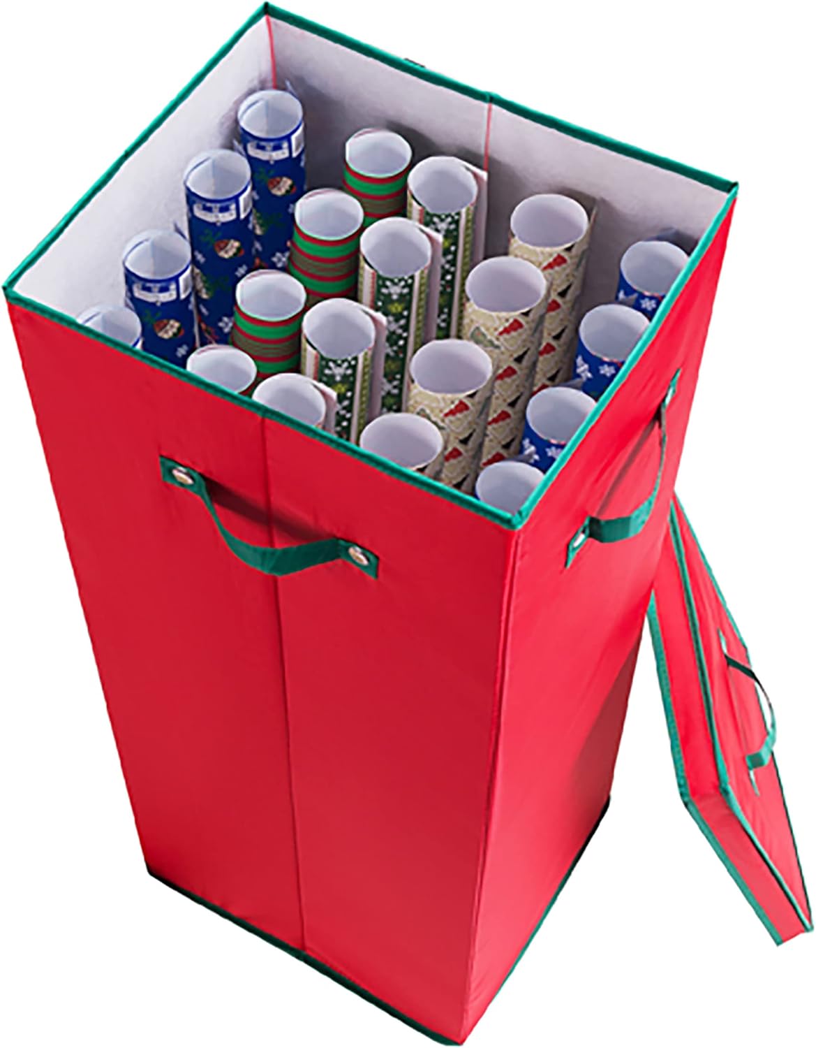 Wrapping Paper Storage Box- Holds 20 Rolls of 30” Gift Wrap-Upright Container with Lid, Dividers & Handles-Christmas & Birthday Wrap by Elf Stor (Red)