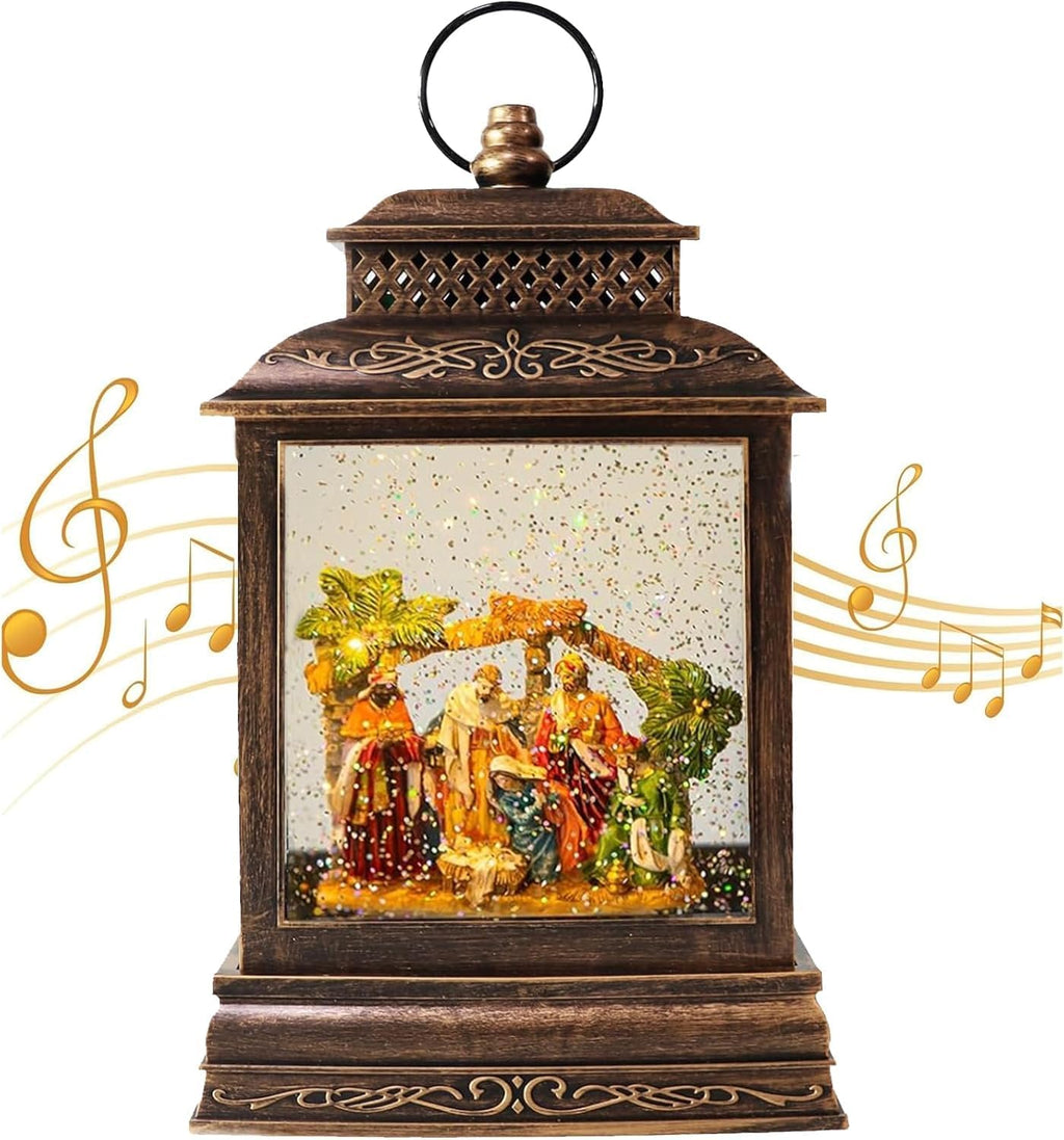 Christmas Snow Globe Lantern Water Nativity Scene & Manger Scene with Music & Timer, USB Lined/Battery Operated Lighted Lantern for Christmas Festival Decoration Gifts