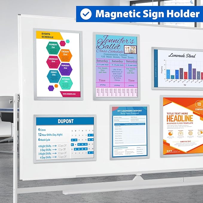 20 Pack Magnetic Sign Holder 8.5 x 11, Self-Adhesive Magnetic Picture Frame & Document Holder for Wall, Door, Fridge, Glass - Double-Sided Magnetic Frame for Poster & Paper Display (Silver)