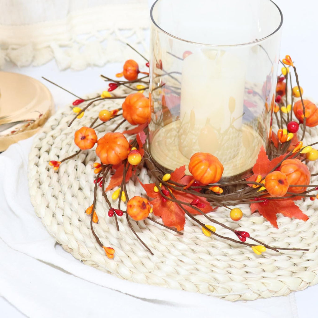 2 Pieces Pumpkins Maple Leaves Candle Rings Wreaths with Pip Berry Fall Candle Rings Thanksgiving Day Ring Holder Mini Autumn Artificial for Wedding,Door Tabletop Decoration (Orange)