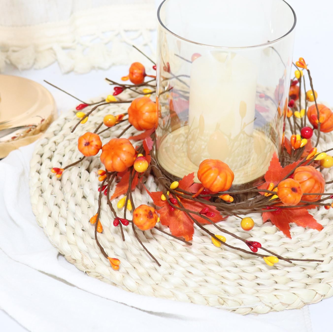 2 Pieces Pumpkins Maple Leaves Candle Rings Wreaths with Pip Berry Fall Candle Rings Thanksgiving Day Ring Holder Mini Autumn Artificial for Wedding,Door Tabletop Decoration (Orange)