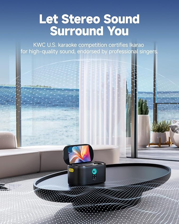 Ikarao Karaoke Machine with Lyrics Display Screen, KaraFun Prime, EQ, Autotune, Connect to TV, 2 Self-Charging Wireless Microphones, Karaoke System for Adults Kids, Portable Bluetooth Speaker for Home