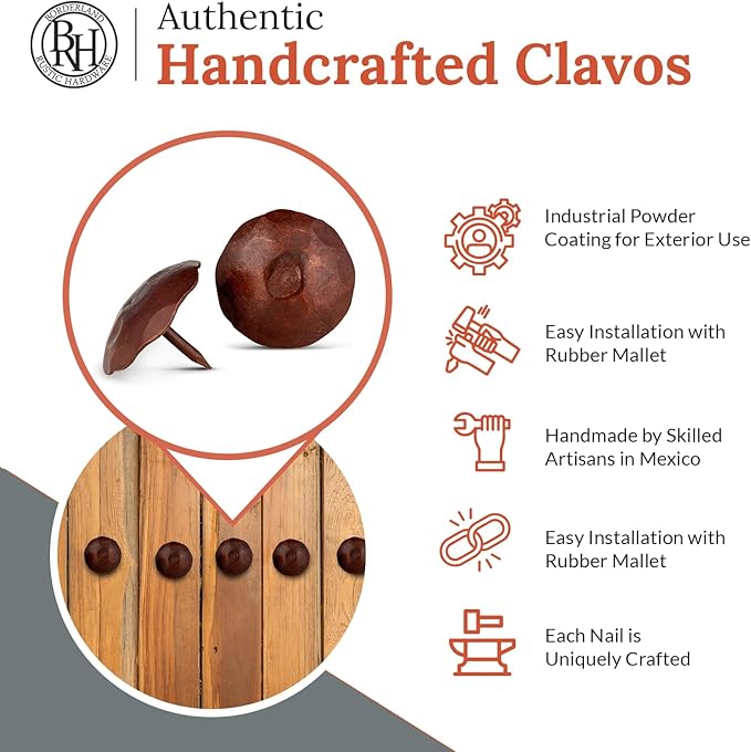 50 Pack 1.5" Round Head Iron Clavos Decorative Nails – Sealed Rusted – Handmade Rustic Round Fasteners for Farmhouse Shutters, Faux Wood Beams, Barn Doors, Shutters, Gates – Ornamental Wood Accent