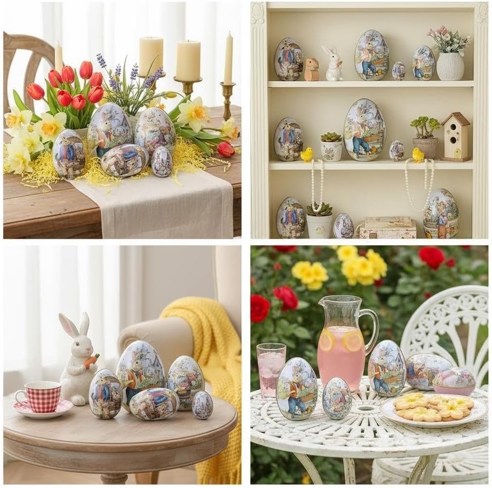 Vintage Easter Egg Tin Box (Style B), Metal Rabbit Easter Egg Containers for Candy & Treats, Reusable Decorative Gift Tin