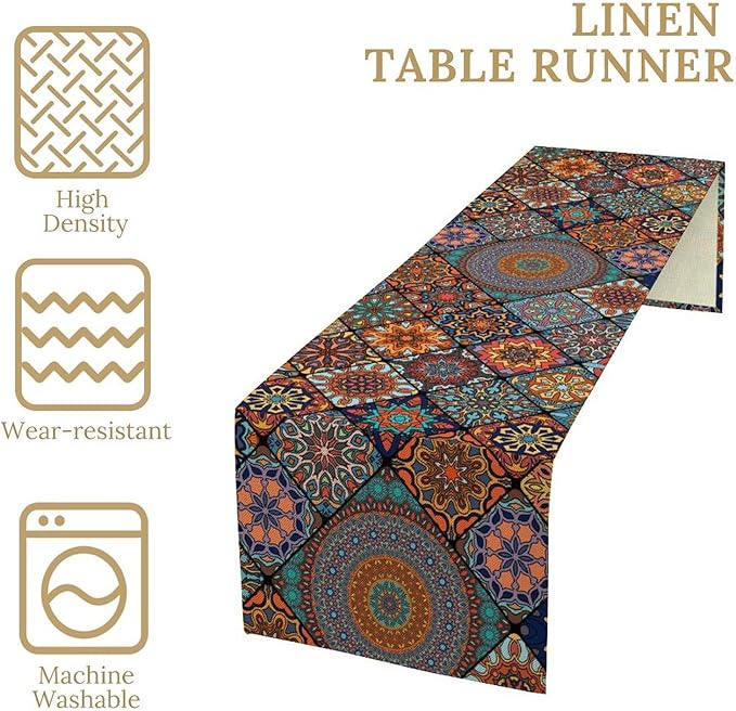 Bohemian Table Runner, Colorful Vintage Indian Mandala Floral Table Runners for Kitchen Dining Coffee Table Indoor Outdoor Party Decor, 13x108inch