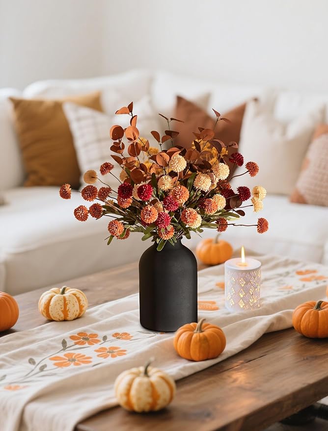 BLOSMON Fall Flowers in Vase for Centerpieces: Metal Vase with 12 Stems of Fake Mums Kiku Flowers Eucalyptuses Home Thanksgiving Table Decoration - Burnt Orange Artificial Pom Poms Floral Arrangement