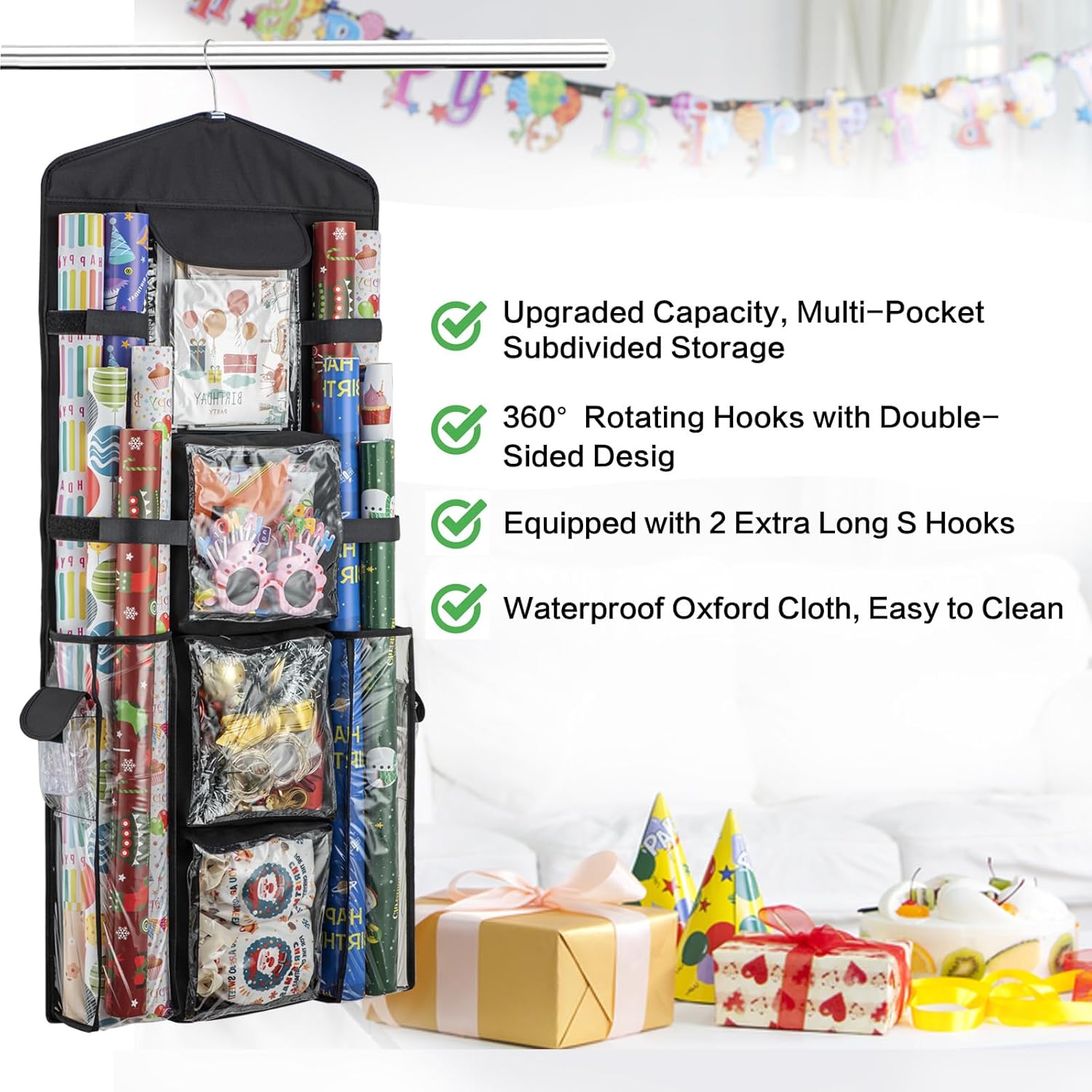 Christmas Wrapping Paper Organizer Storage, Hanging Gift Bag Storage Organizer, Double-Sided Wrapping Paper Holder Storage - Black