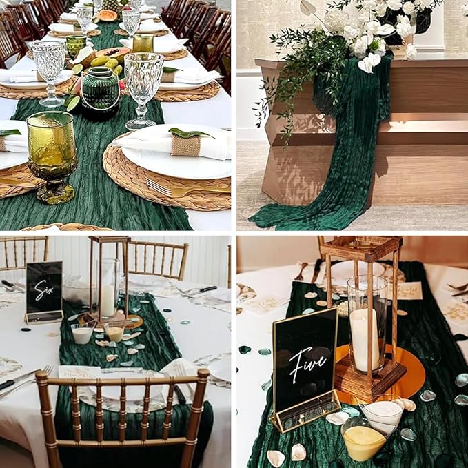 10 Pack Blackish Green Cheesecloth Table Runner -21*120Inch Long Boho Wedding Table Decor, Rustic Gauze Fabric Runner for Bridal Showers, Baby Showers & Parties (Sheer, Lightweight, Wrinkled Design)