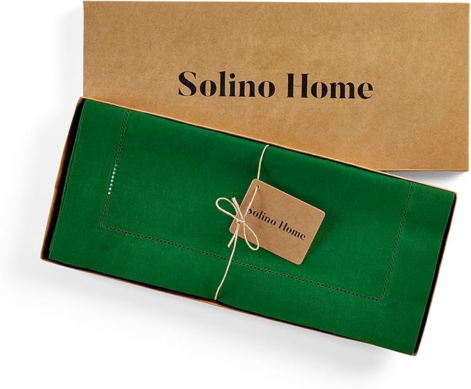 Solino Home Linen Garden Green Table Runner 72 Inches Long - 100% Pure Linen Hemstitch Table Runner 14 x 72 Inch for Dresser, Dining, Christmas - Classic Hemstitch