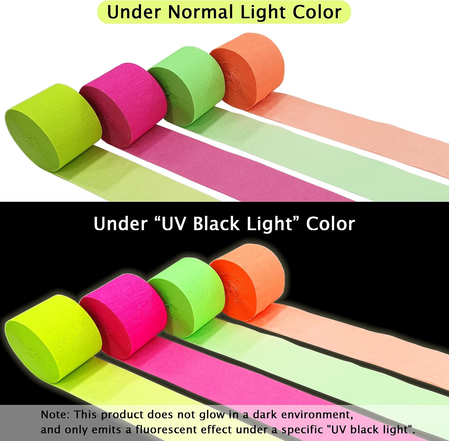 656feet Glow in The Dark Party Supplies Neon Streamers Black Light Party Decorations, 8 Rolls Glow Crepe Paper Streamer Reactive Fluorescent Blacklight Party Supplies for Neon Party, Birthday
