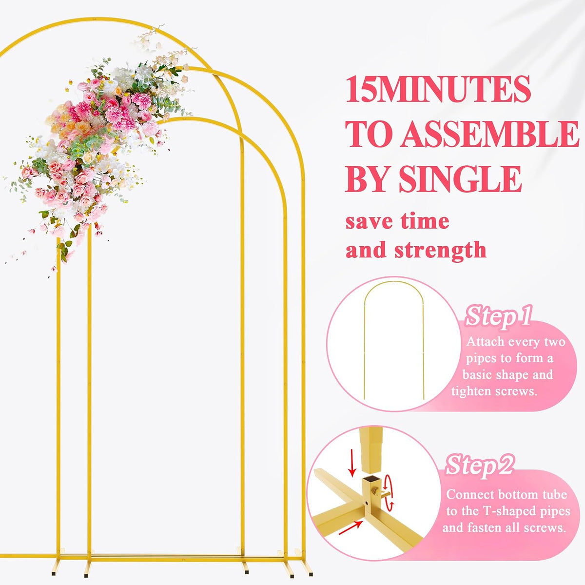 Asee'm Wedding Arch Backdrop Stand Set of 3 (7.2FT, 6.6FT, 6FT) Gold Metal