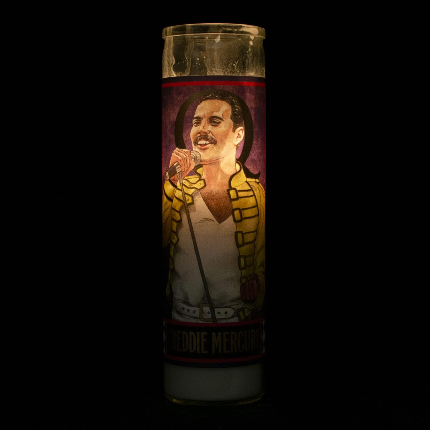 The Unemployed Philosophers Guild Freddie Mercury Secular Saint Candle - Unscented 8 Inch Tall Glass Prayer Votive, Made in the USA, Vegetarian Wax