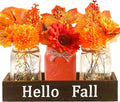 DIYDEC 3PCS Fall Mason Jars 3 * 5Inch Lighting Painted Thanksgiving Tiered Tray Decorative Jars with Wood Tray &Artificial Flowers Wishing Bottles for Autumn Holiday Home Table Centerpiece Decor Gift