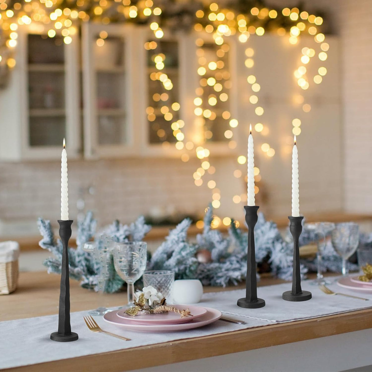 Heavy Duty Cast Iron Black Candlestick Holders Set of 3,Tall Taper Candle Hol...