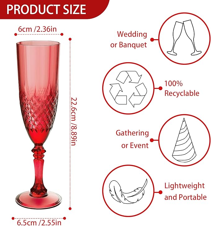 Plastic Champagne Flutes, 24PCS Dark Red Wine Glasses Goblets Cups Reusable Flute, for Christmas Weddings Christmas Bachelor Parties Toasting and Events(24, Dark Red)