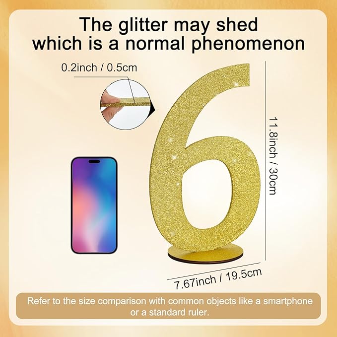 TONIFUL 11.8 Inch Gold Glitter Numbers Table Centerpieces 0-9 Birthday Party Decorations,Shining Gold Digital 6 for Birthday Party,Wedding,Bridal Shower,Engagement,Photo Shoot,Anniversary