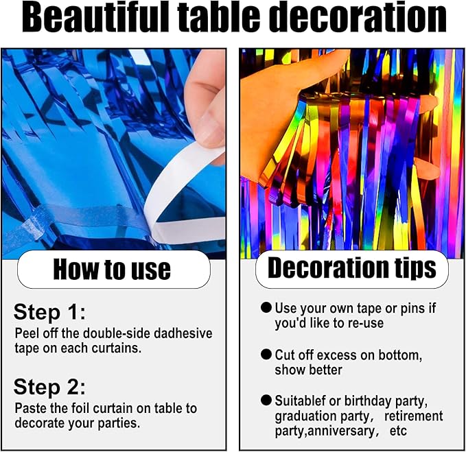 3 Pack 29 x108 Inch Rainbow Foil Fringe Table Skirts Metallic Banner for Tinsel Streamer Garland Backdrop for Parade Floats Wedding Thanksgiving Birthday Christmas Halloween New Year Party Decoration