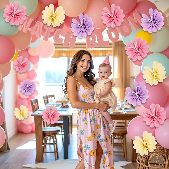 12PCS Butterfly Tissue Paper Pom Poms, 3D Butterfly Birthday Party Decorations, Khaki Pink Purple Butterfly Hanging Decorations for Girls Wedding Baby Shower Decor