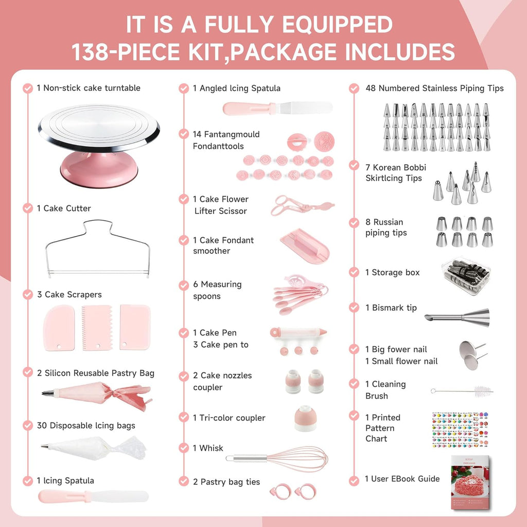 Cake Decorating Kit, 138pcs Cake Decorating Supply with Aluminium Cake Turntable, 64 Numbered Icing Piping Tips, 2 Spatulas, 3 Icing Comb Scraper and Leveller, 32 Piping Bags,cake decorating tool