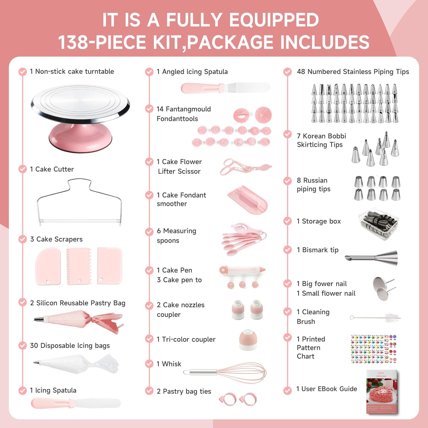 Cake Decorating Kit, 138pcs Cake Decorating Supply with Aluminium Cake Turntable, 64 Numbered Icing Piping Tips, 2 Spatulas, 3 Icing Comb Scraper and Leveller, 32 Piping Bags,cake decorating tool