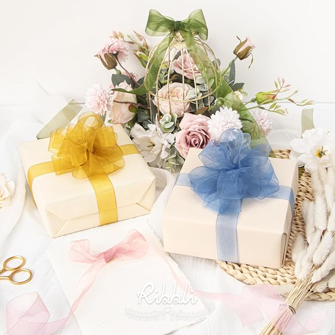 Ribbli 8 Rolls Organza Ribbon 1 Inches Total 80 Yard White Ivory Champagne Gold Rose Gold Dusty Blue Moss Black Sheer Ribbon for Gift Wrapping,Cookie Wrapping,Easter,Wedding Decoration