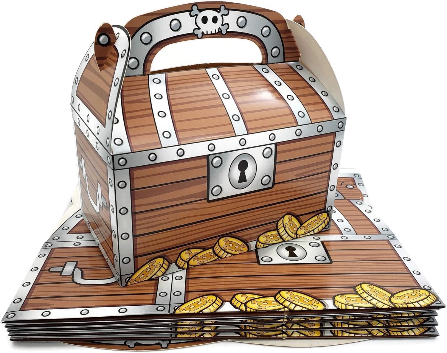 Zugar Land Pirate Treasure Chest Treat Box (6.5" x 6.5" x 3.5") Paper Cardboard. Decoration Party Favor Goodie Candy Box Grab Bag (24)