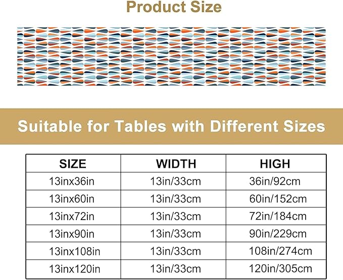 Mid Century Table Runner, Modern Style Retro Pattern Droplet Shapes Mosaic Tones Pattern Print for Home Kitchen Table Decor Dining Coffee Room Party Decor 13x120in