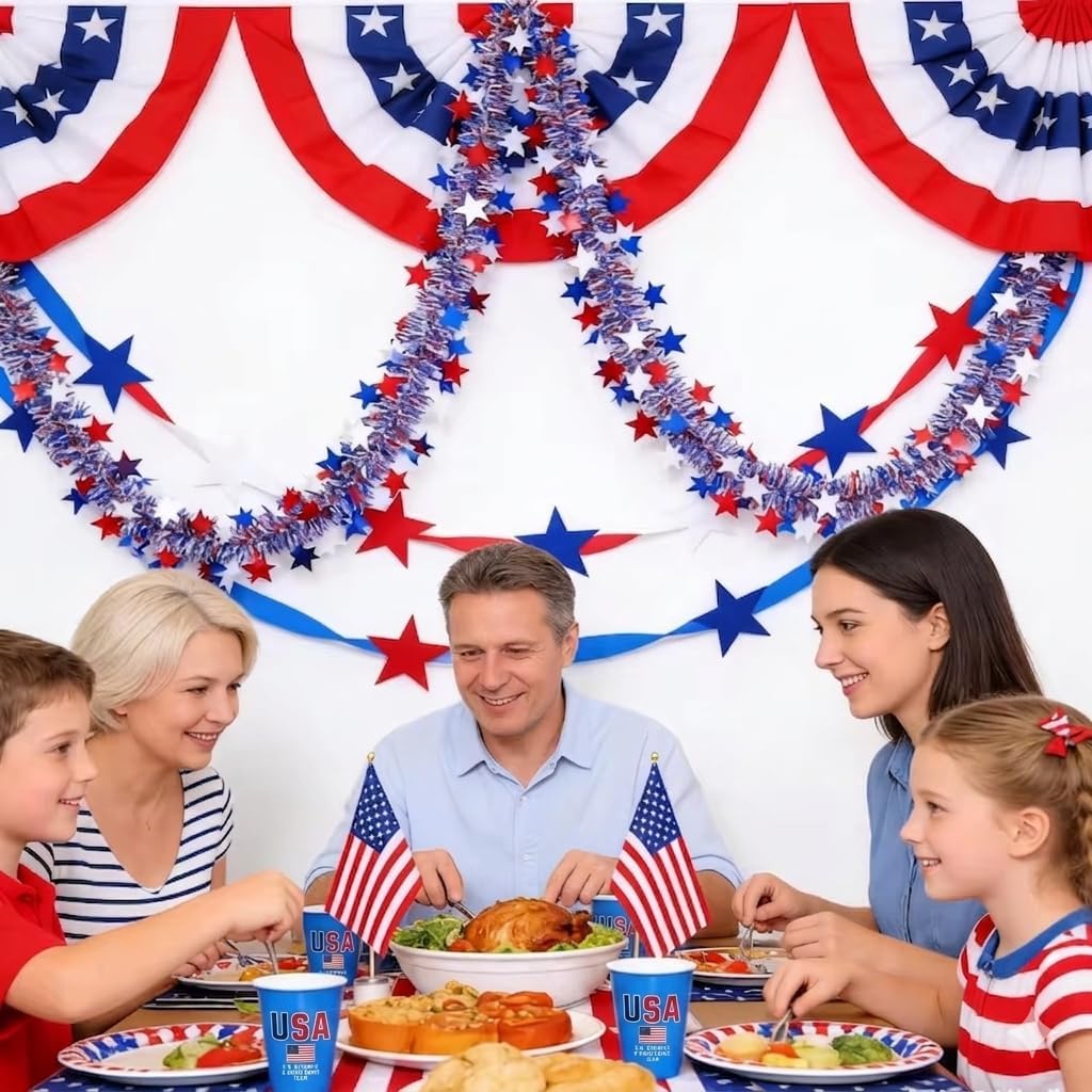 4th of July Garland, 50Ft Red White Blue Tinsel Patriotic Decor – Golf Cart Car Parade Boat Tree Outdoor Indoor, Memorial Day 250th Anniversary Independence Day Party