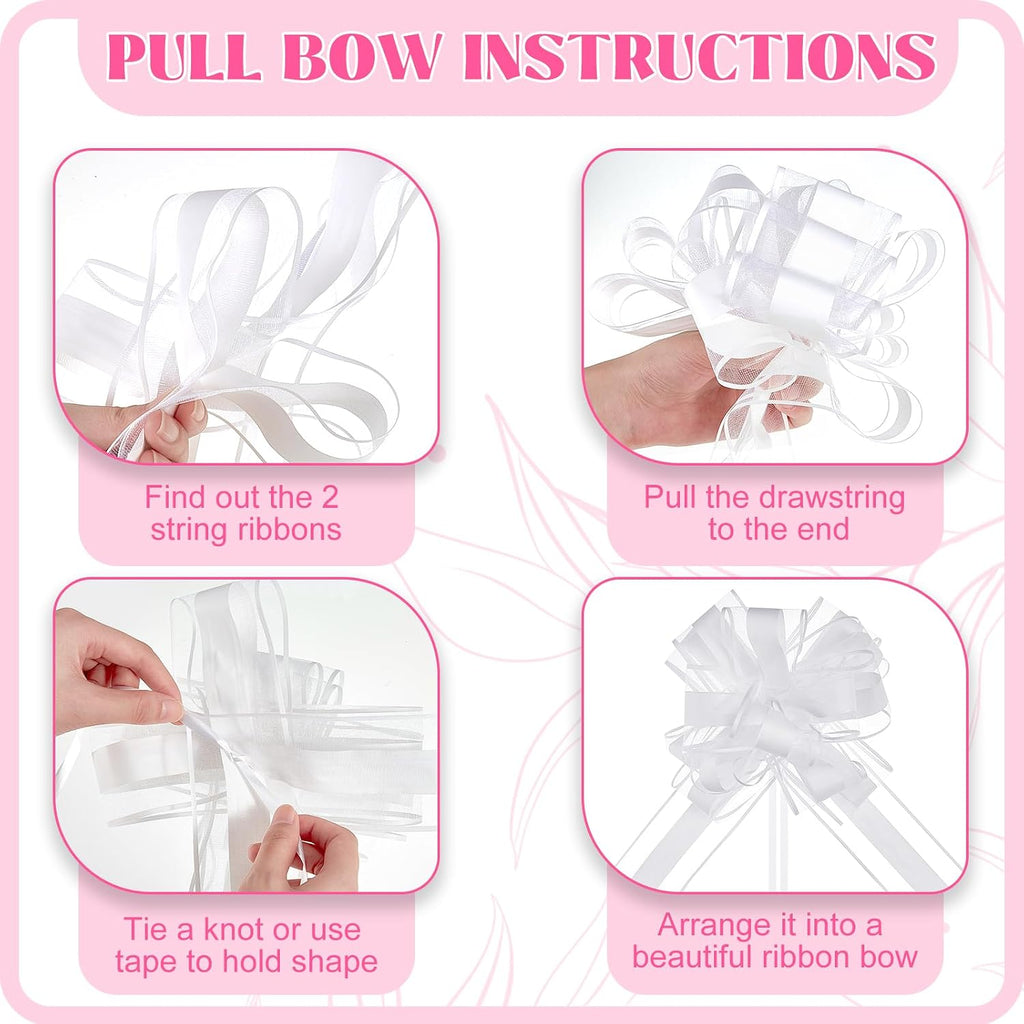 Riceshoot 24 Pcs Wedding Pew Bows with Yarn, Wedding Aisle Decorations for Church Chair Bench, Big Pull Bows for Gift Wrapping Bridal Shower Reception Birthday Anniversary Car Decor