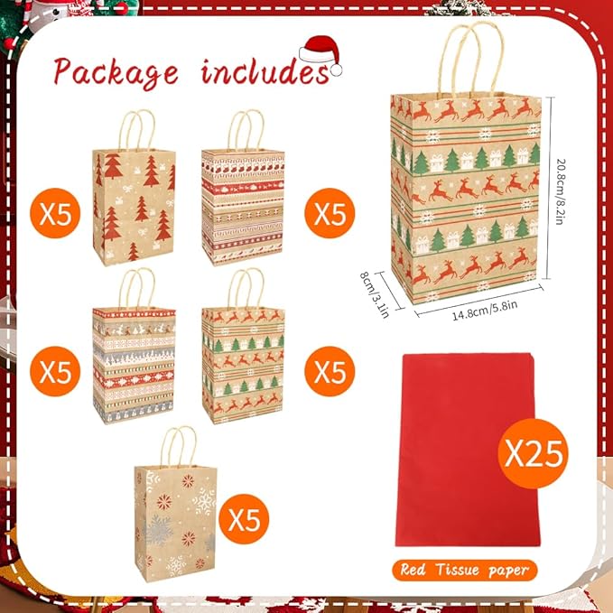 STPIYFZU Christmas Gift Bags, 25 Pack Small Christmas Gift Bags with Handles, Xmas Kraft Paper Bag Bulk with Tissue Paper, Xmas Holiday Present Bag (8.2" x 6" x 3.1")
