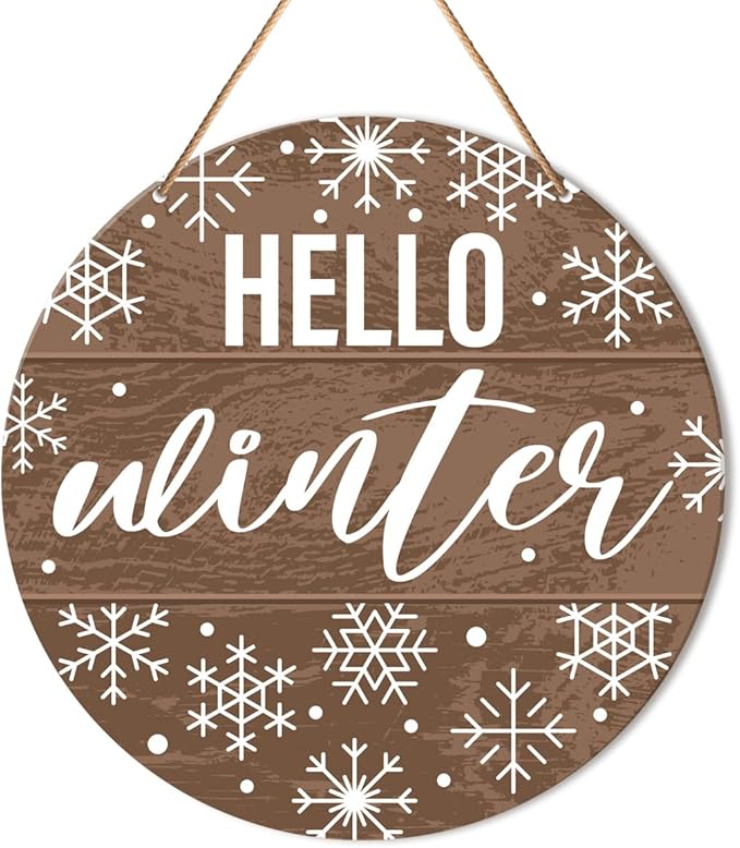 Muktoujaumai Hello Winter Sign Front Door Decor, Christmas Round Hanging Sign Decor Rustic Snowflake Xmas Holiday Wall Decorations Winter Wood Sign for Door, Porch, Home, Welcome Winter