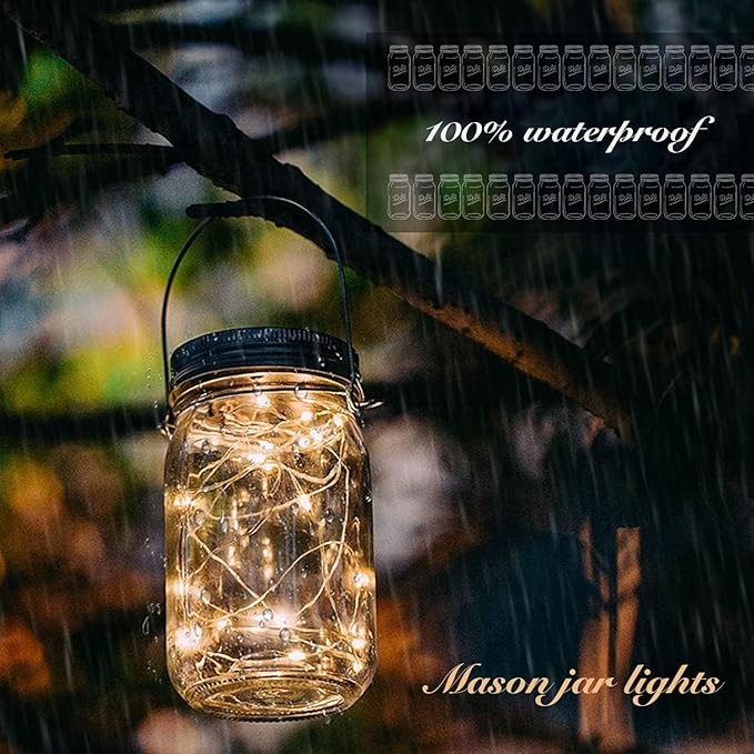 12 Pack Solar Mason Jar Lights for Outside, 30 LED Solar Mason Jar Lids Fairy Lights with 12 Hangers(No Jars) Outdoor Waterproof for DIY Patio Garden Yard Lawn Party Wedding Decoration Warm White