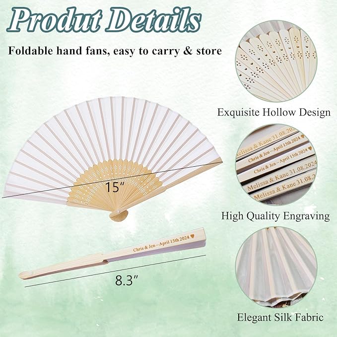 100 Set Personalized Cream Wedding Fans for Guests Bulk, Custom Engraved Summer Wedding Fans, Silk Hand Fans Handheld Folded Fan Baby Shower Favors for Bridal Bridesmaid Gift Church Dancing Party