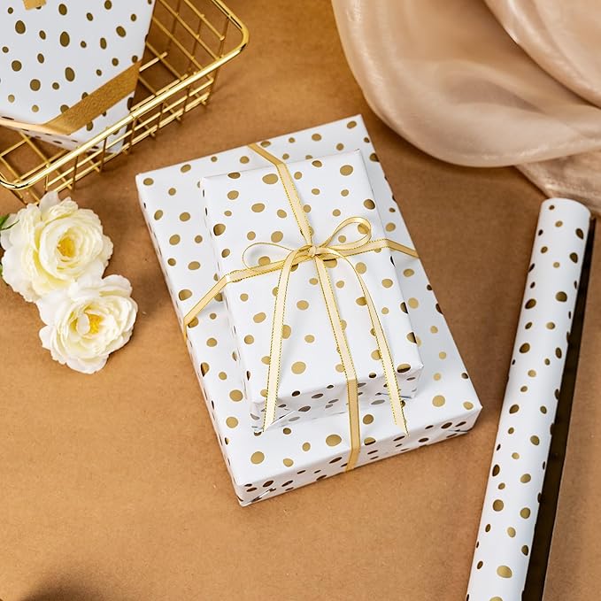 Burymento Golden Lrregular Wave Point Wrapping Paper, Reversible Gold Gift Wrap for Birthday, Valentines, Mothers day, Graduation, Wedding, Fathers day, Baby Shower, Christmas (17in x 16.4ft)