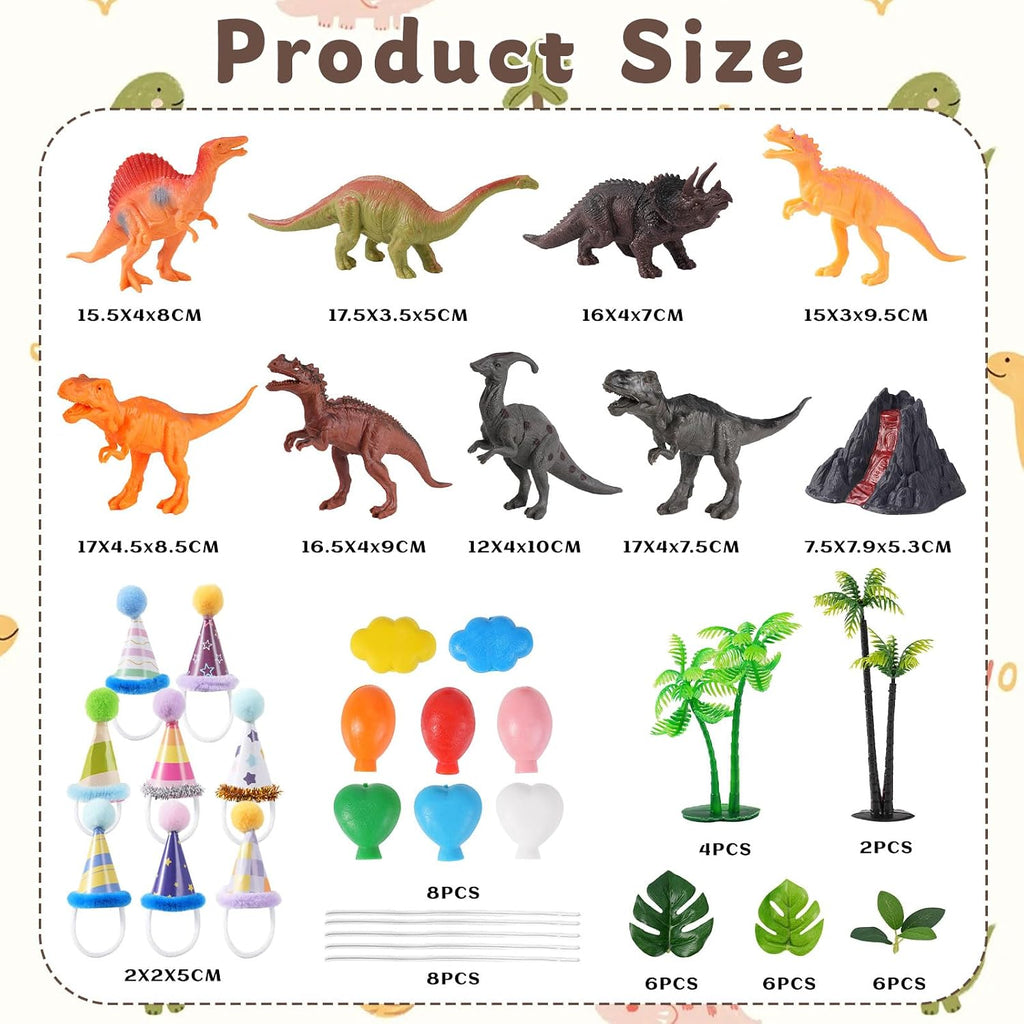 49 Pcs Dinosaur Birthday Cake Decorations, 8 Dinosaur Cake Topper with 1 Volcanic 8 Birthday Hat 8 Mini Balloon Decorations 24 Green Artificial Plant Decorations