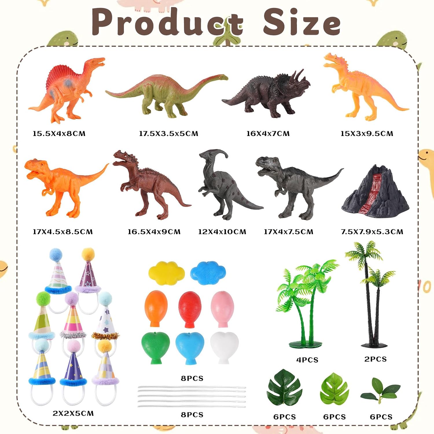 49 Pcs Dinosaur Birthday Cake Decorations, 8 Dinosaur Cake Topper with 1 Volcanic 8 Birthday Hat 8 Mini Balloon Decorations 24 Green Artificial Plant Decorations