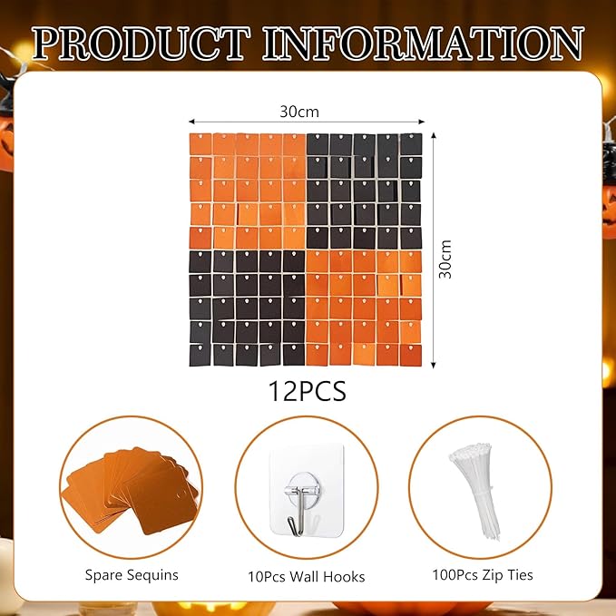 12PCS Black Orange Shimmer Wall Backdrop, Square Sequin Photo Backdrops Panel, Glitter Wall Background for Birthdays, Weddings, Christmas, Engagements, Halloween Party Decor (3FTx4FT)