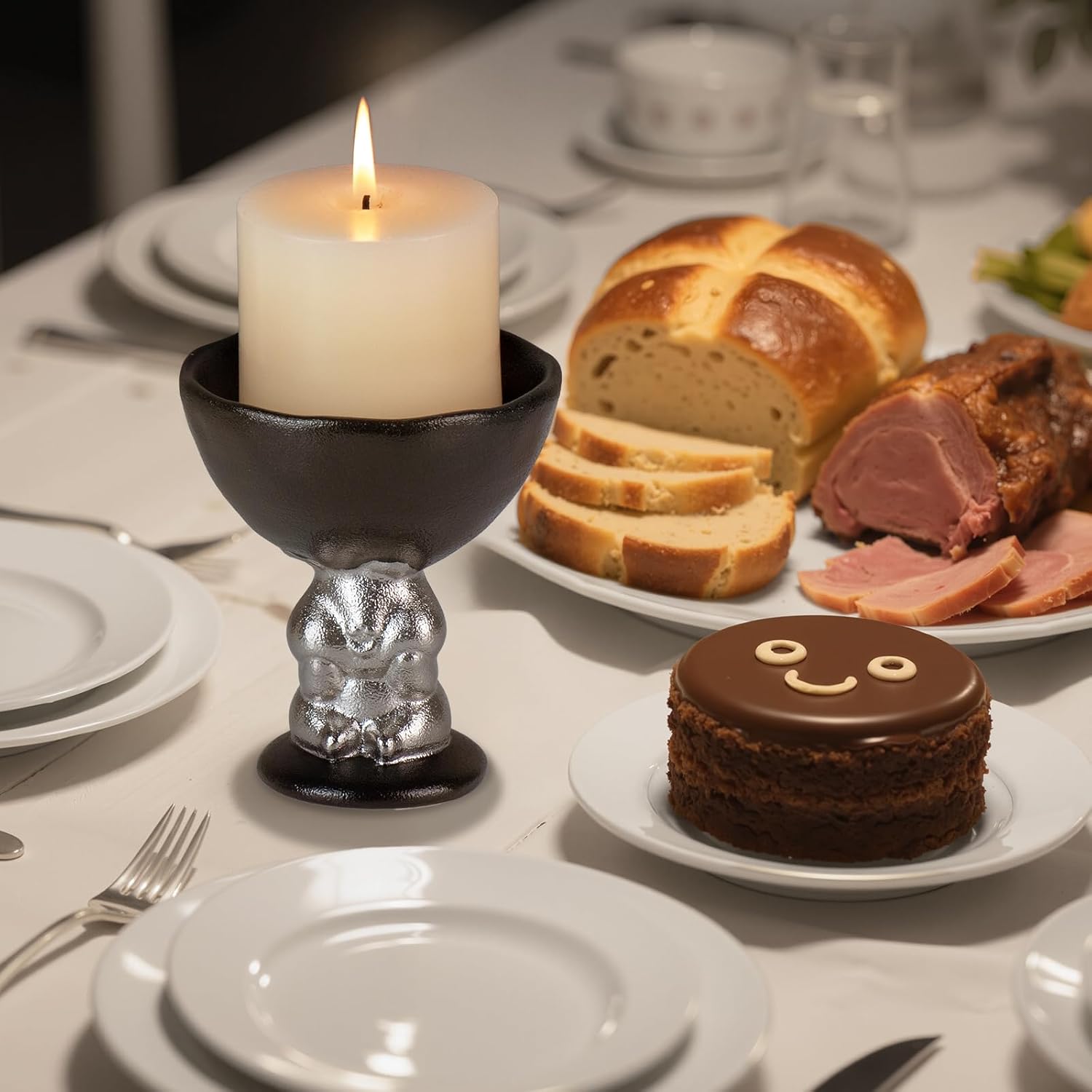 KAMMAK Ceramic Candle Holder with Silver Rabbit Figurine Base -Matte Black Scalloped Bowl Pedestal Stand for Pillar Candles, Animal-Inspired Design Black Rabbit High-Foot Bowl Candle Holder