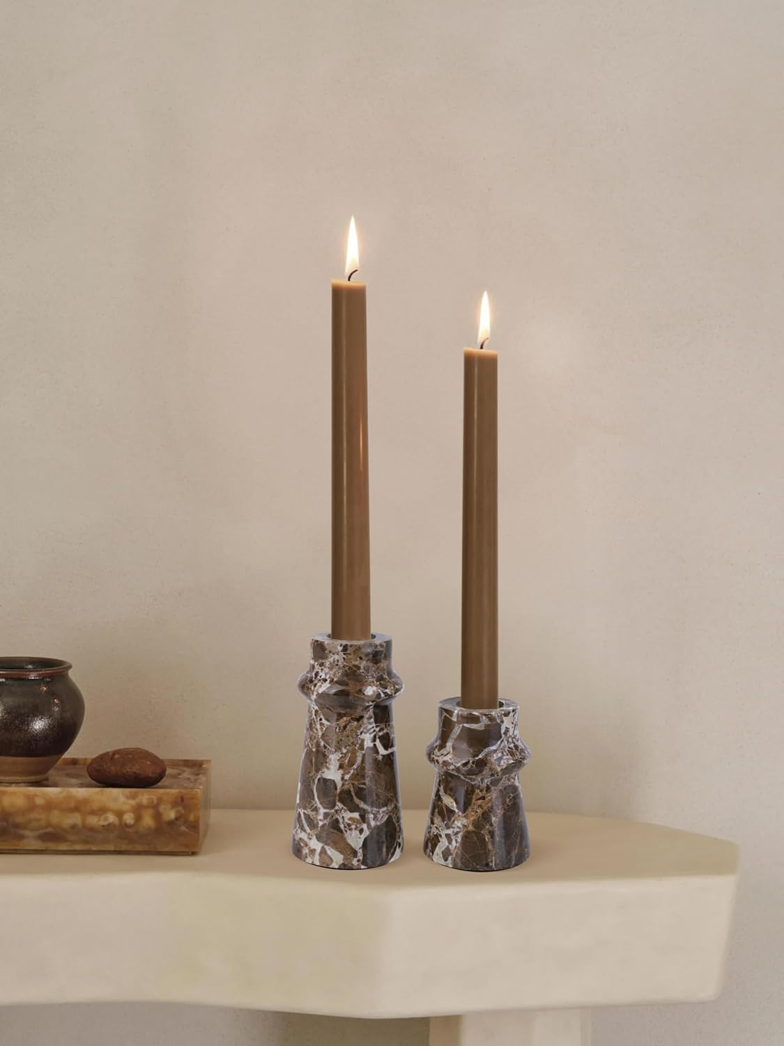 Vixdonos Marble Candle Holder Set of 2 Taper Candle Candlestick Mantle Candle Stand for Home Decor,Wedding,Party and Table Centerpieces(Brown)