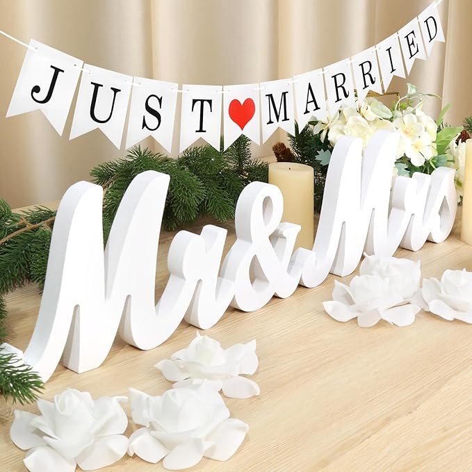 White Wooden Mr and Mrs Signs for Wedding Table, Wooden Wedding Table Signs for Ceremony and Reception - Centerpiece Decorations with Just Married Banner Gifts