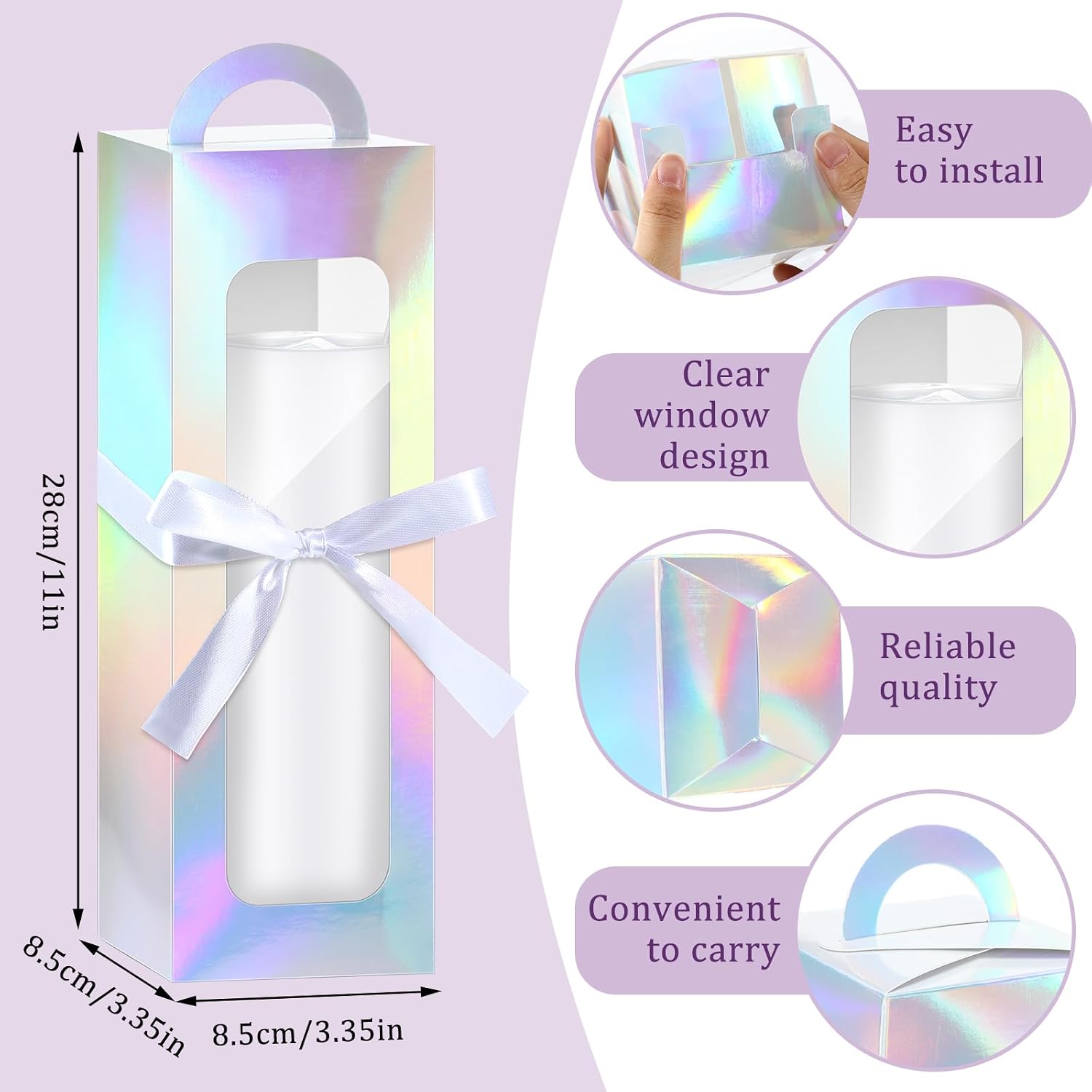 Ctosree 24 Pcs Tumbler Gift Box with Handle for 16-20 oz Clear Wine Glass Gift Box Sublimation Tumblers Heat Press Blanks Bottle for Christmas Wrapping Packaging(Holographic)
