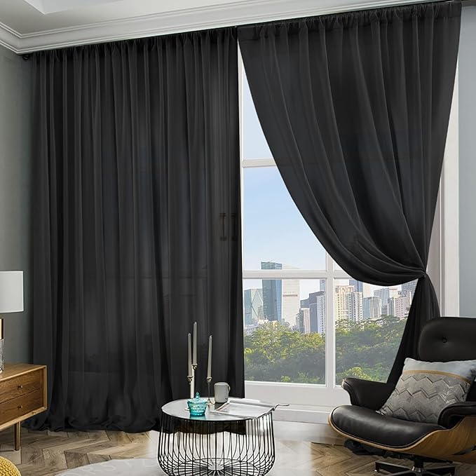 PARTISKY 10ftx7ft Black Chiffon Backdrop Curtains, Wrinkle-Free Sheer Fabric Photo Drapes for Wedding Ceremony Arch Birthday Baby Shower Photography Stage Decor 5ft x 7ft, 2 Panel