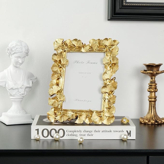 Cuspin Gold Picture Frame 4x6 Vintage Gold Frames, Ornate Leaf Textured Hand-Crafted Resin with Glass Front Antique Photo Frame for Tabletop Display, Retro Design Home Decor
