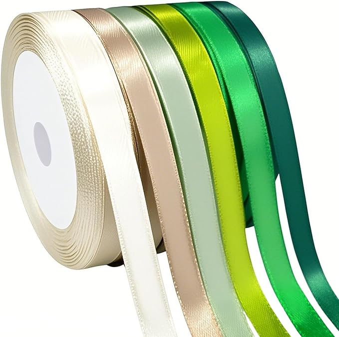 3/8" 6 Colors X 25 Yards Green Satin Ribbon,150 Yards Assorted Green Colors Satin Ribbons for Flower Bouquet,Ribbons for Gift Wrapping Happy Birthday Party Decorations