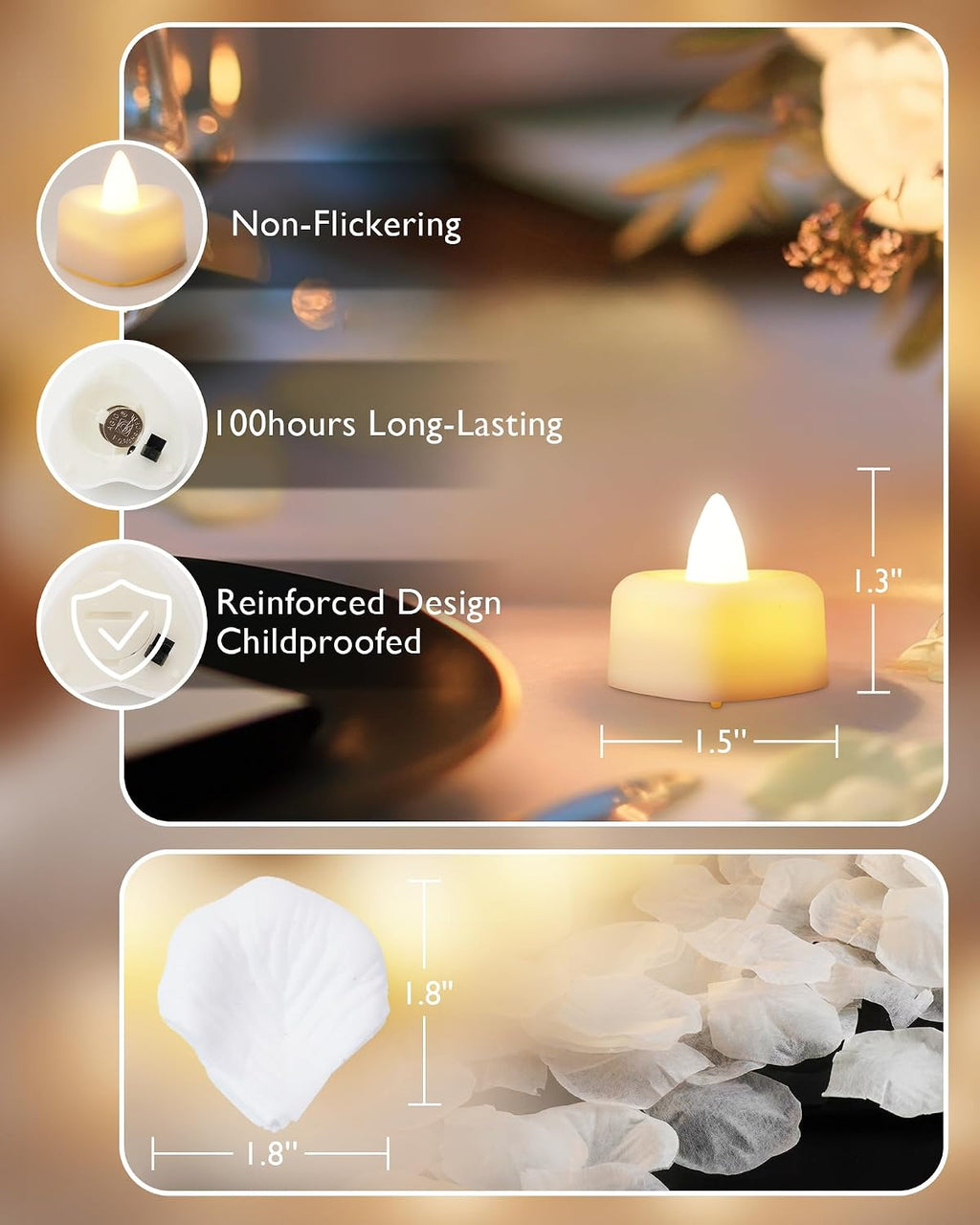 Homemory Rose Petals and Candles Set for Romantic Decorations Special Night, 2000 Pcs White Rose Petals with 24 Pcs LED Heart Candles Lights for Proposal, Anniversary, Birthday, Wedding Decor
